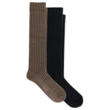 Two ribbed knee-high socks, one in brown and one in black, displayed overlapping on a plain white background.