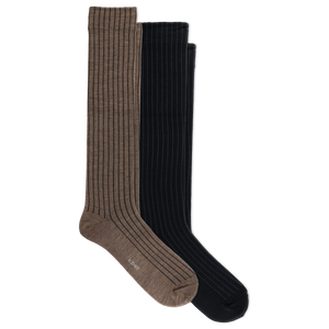 Two ribbed knee-high socks, one in brown and one in black, displayed overlapping on a plain white background.