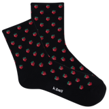 Black socks with red strawberry pattern and 'k.bell' branding on a white background thumbnail