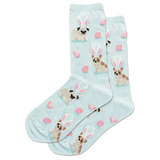 Light blue socks with dog illustrations wearing bunny ears and pink eggs on a white background