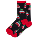 Black socks with red accents and Christmas-themed vehicle and tree pattern on a white background
