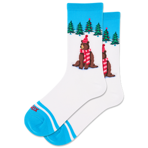 Pair of socks with bear design and blue accents on a white background