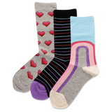 Three pairs of colorful socks with heart, striped and rainbow patterns on a white background thumbnail