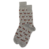 Gray socks with golf cart and club pattern on a white background