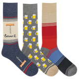 Three pairs of novelty crew socks displayed side by side on a plain white background. The left sock is navy blue with a beige section featuring a corkscrew graphic, the text 'Screw it', and a small bone detail.