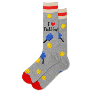 Gray socks with pickleball-themed design on a white background