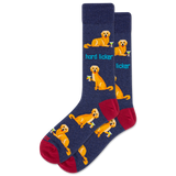 Navy socks with yellow dog illustrations and red toes on a white background thumbnail