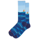 Blue and navy sock with wavy pattern and sailboat design on a white background thumbnail