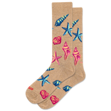 Beige socks with colorful starfish and shell patterns on a white background