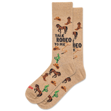 Beige socks with cowboy-themed designs and text on a white background