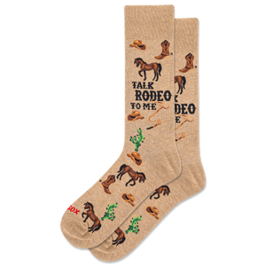 Beige socks with cowboy-themed designs and text on a white background