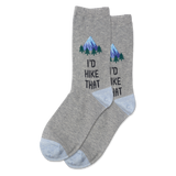 Gray socks with mountain and tree design and text 'I'd Hike That' on a white background thumbnail