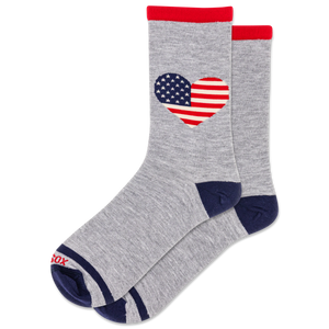 Gray socks with a heart-shaped American flag design on a white background