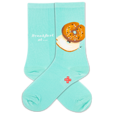 Turquoise socks with a bagel design and 'Breakfast at' text on a white background