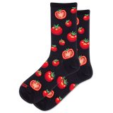 Black socks with red tomato pattern on a white background thumbnail