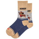 Pair of socks with a dachshund wearing a cowboy hat and 'Howdy' text on a white background