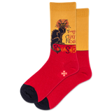 Red socks with yellow cuff featuring a cat illustration on a white background thumbnail