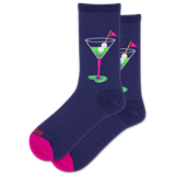 Navy socks with martini glass design on a white background
