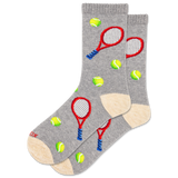 Gray socks with tennis racket and ball designs on a white background thumbnail