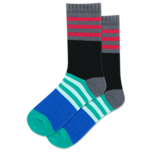 Two pairs of striped socks in black, gray, red, blue, and green on a white background.