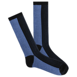 Pair of blue and black socks on a white background thumbnail