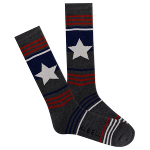 Gray socks with white stars and red and blue stripes on a white background