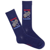 Navy blue socks with 'Retro Gamer' design and game controller graphic on a white background thumbnail