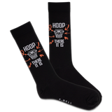 Black socks with orange and white designs saying 'hoop there it is' with a basketball net on a white background thumbnail