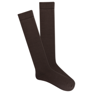 Pair of brown knee-high socks on a white background