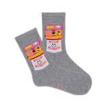 A pair of gray crew socks with a vintage camera design and the text 'KEEP SMILING' in a colorful background. thumbnail