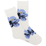 A pair of white crew socks with a blue floral pattern. thumbnail