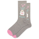 HOTSOX women's gray heather crew socks with a sheep holding a heart and the phrase "I love you Maaaa" thumbnail