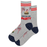A pair of women's crew socks with a patriotic red, white, and blue design featuring text 'UNITED WE PARTY' and fireworks graphics.