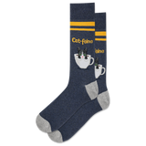 A pair of navy crew socks with a pattern of white cat faces and coffee cups, and yellow stripes. thumbnail