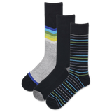 Three pairs of men's crew socks with chevron patterns and stripes in shades of black, gray, blue, and green.