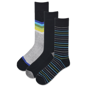 Three pairs of men's crew socks with chevron patterns and stripes in shades of black, gray, blue, and green.