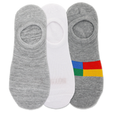 Three pairs of men's liner socks with varying designs, predominantly in gray, white, and multicolor patterns.